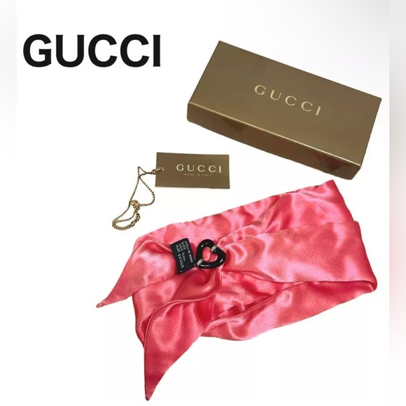 Gucci Pink Silk Scarf w/ a Bamboo Heart Scarf Ring - Picture 2 of 7